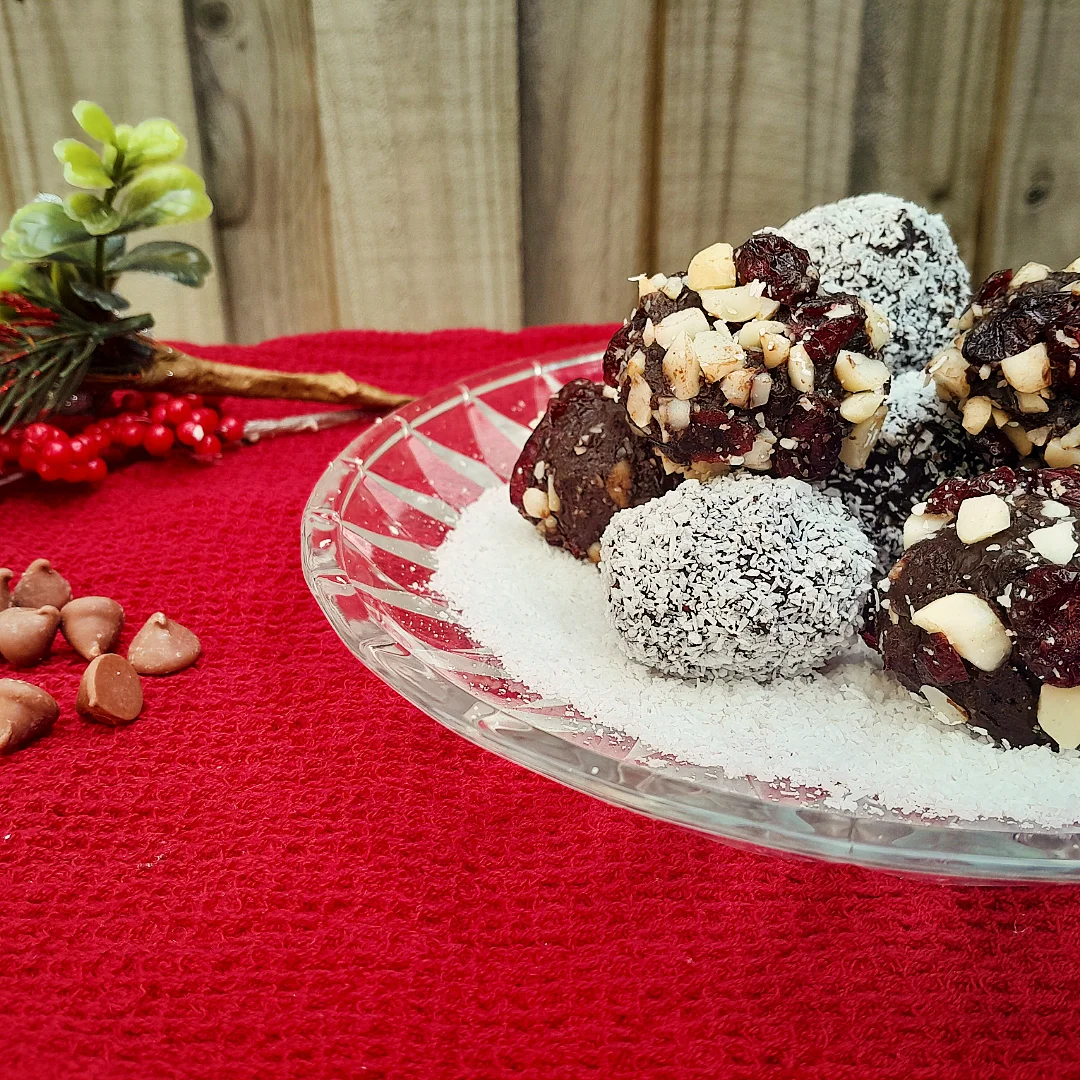 Dark choc ganache truffles with macadamias and cranberries