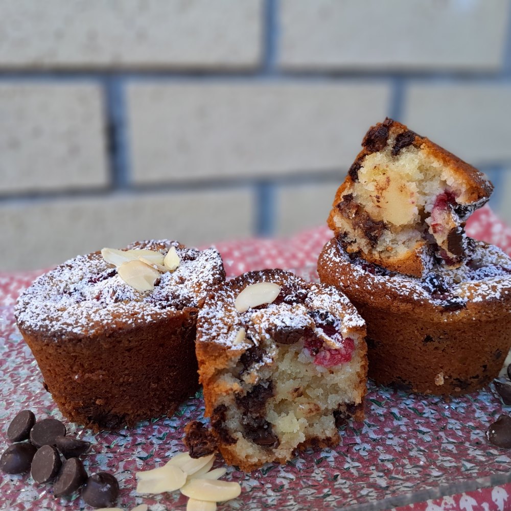 Raspberry, dark chocolate and flaked almond friand