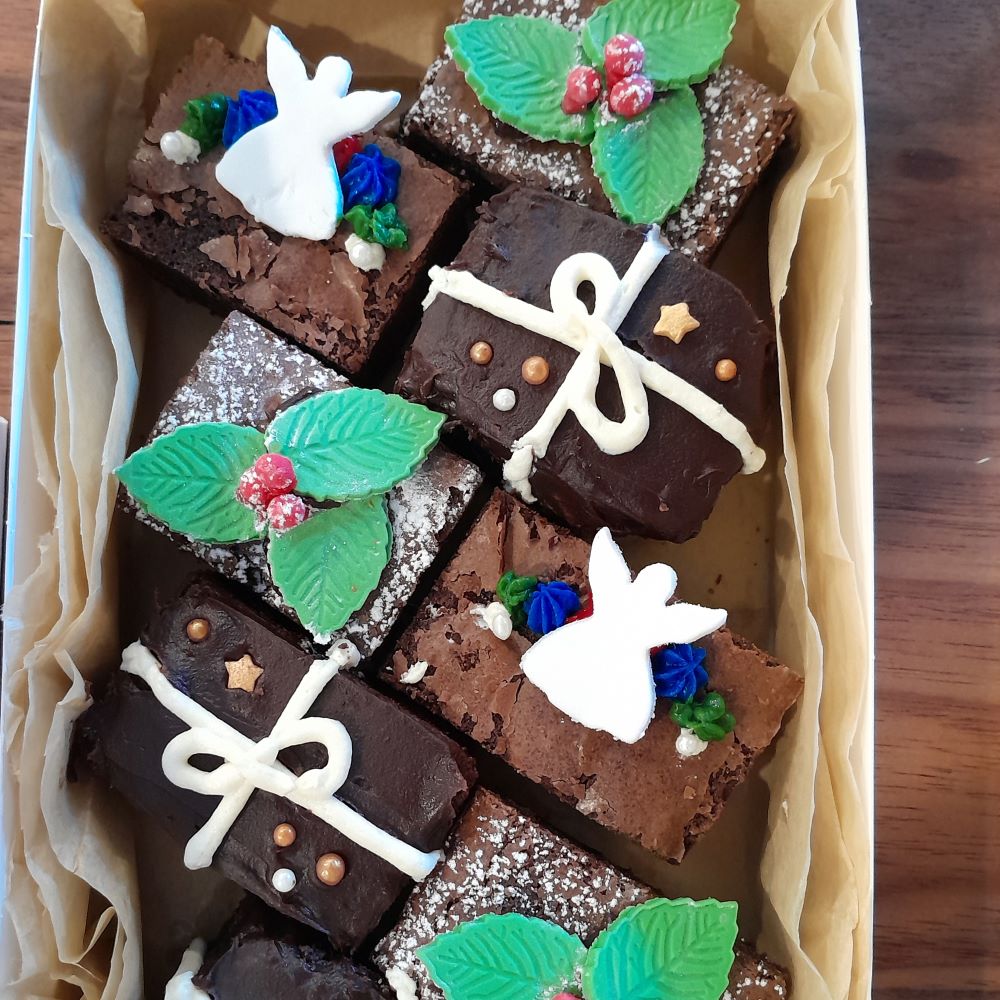 Dark chocolate fudge brownies with christmas decorations