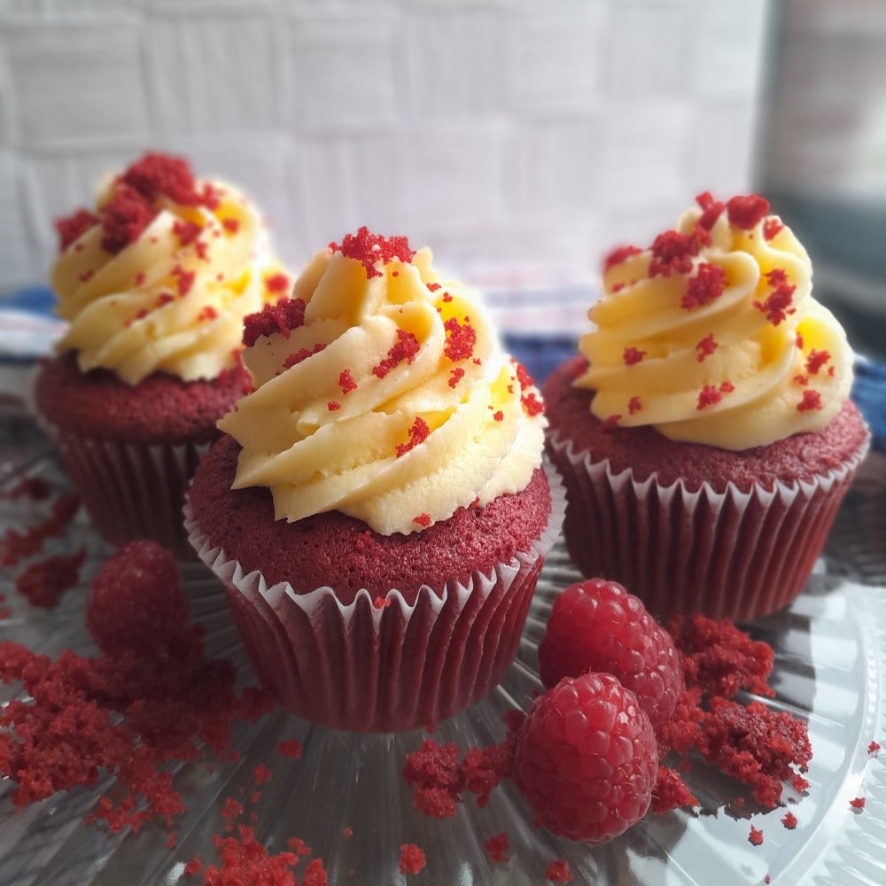 Red velvet cupcakes with lemon vanilla buttercream