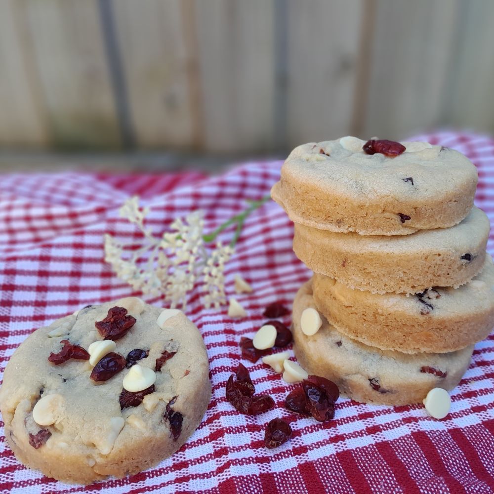 Macadamia, white choc and cranberry biscuits
